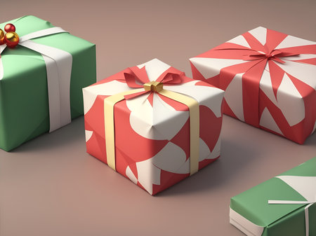 Christmas wrapping paper laid out flat on tableの素材