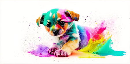 Puppy playing in colorful water color, dirty with color splash.の素材