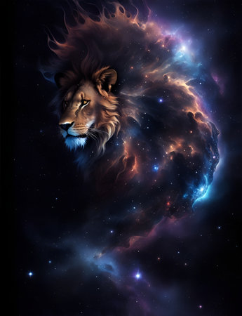 Lion in space nebula, water inkの素材