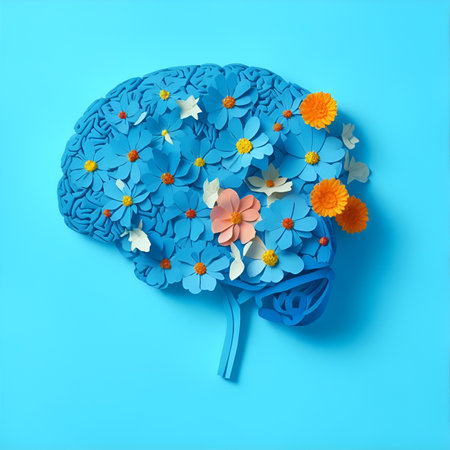 Flowers grow from the human brain on a blue background paper artの素材