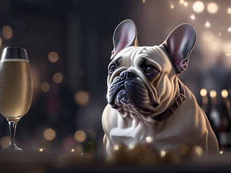 French Bulldog drinking champagne on New Years Eve party.の素材