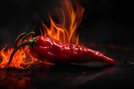 Red hot chili pepper burns on black background.の素材