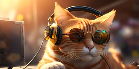 Ginger dj cat with sunglasses and headphonesの素材