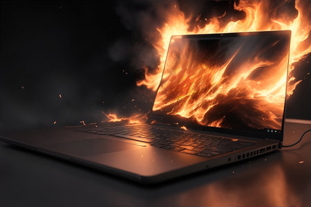 Illustration of a burning laptop on black background.の素材