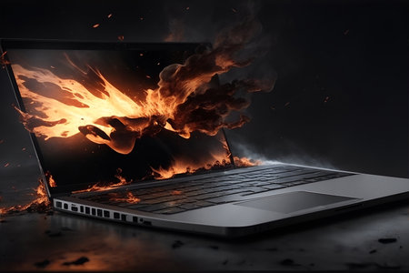 Illustration of a burning laptop on black background.の素材