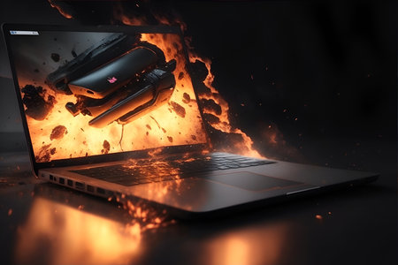 Illustration of a burning laptop on black background.の素材
