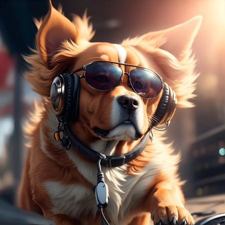 Ginger dj dog with sunglasses and headphones playing music.の素材