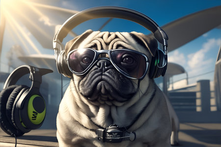 Dj pug with sunglasses and headphones playing music.の素材