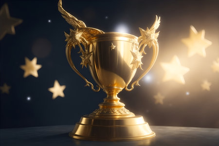 Winner Gold trophy with stars flying.の素材