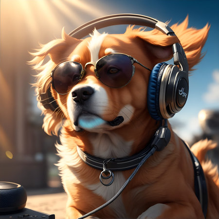 Ginger dj dog with sunglasses and headphones playing music.の素材