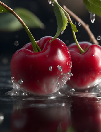 Photo closeup of two fresh juicy cherries with water drop.の素材