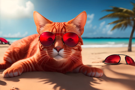 Red cat with sunglasses on tropical beach.の素材