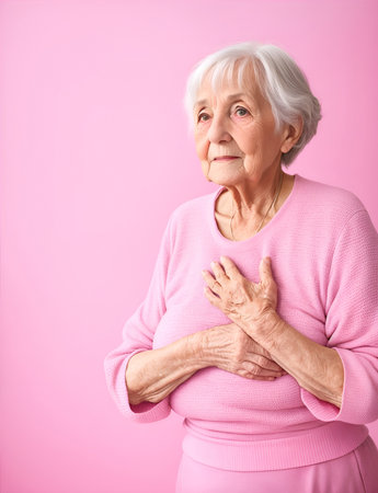 An elderly woman knows that she has breast cancer and keeps her hands on her chest on a pink background.の素材