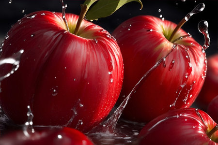 Photo closeup of juicy red apples with water dropsの素材