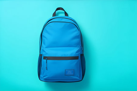 Blue backpack on blue background. back to school.の素材