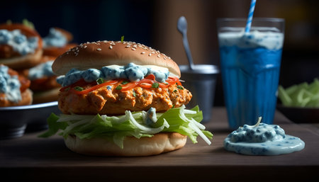 Buffalo chicken burger with blue cheese dressing.の素材