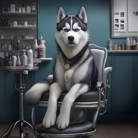 Dressed husky dog sitting in a chair in a barbershop.の素材