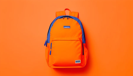 Orange backpack on orange background back to school.の素材