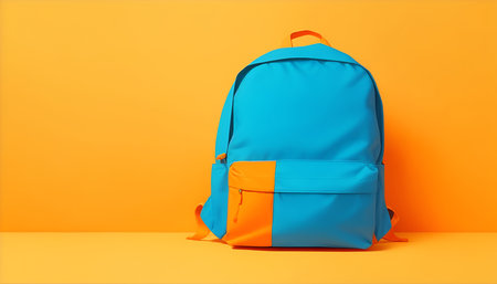 Blue backpack on orange background. back to school.の素材