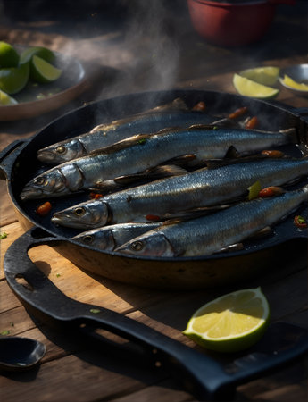 Grilled sardines with thyme chili and lime.の素材