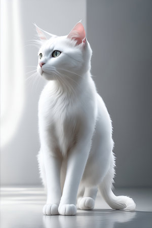 White cat on a gray background.の素材
