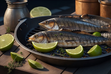 Grilled sardines with thyme chili and lime.の素材