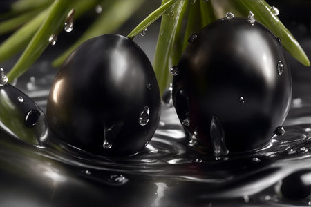 Photo closeup black olives with water drops.の素材