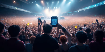 A crowd of people at a live event, concert or party holding hands and smartphones up . Large audience, crowd, or participants of a live event venue with bright lights above.の素材