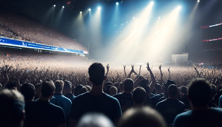 A crowd of people at a stadium rock concert, live event. Large audience, crowd, or participants of a live event venue with bright lights in front,の素材
