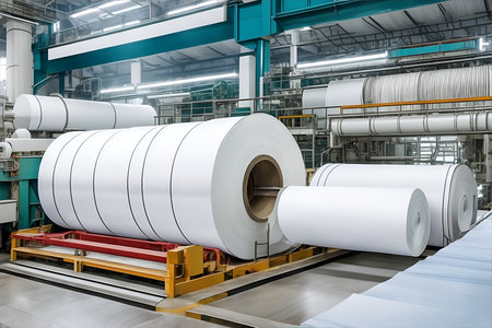Inside a paper mill or paper production factory. A big roll of paper in production at a paper production plantの素材