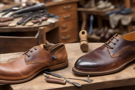 A shoemake or shoe repairman's work bench, A leather shoe maker workplace with well used leather craft tools and furniture. Shallow depth of fieldの素材