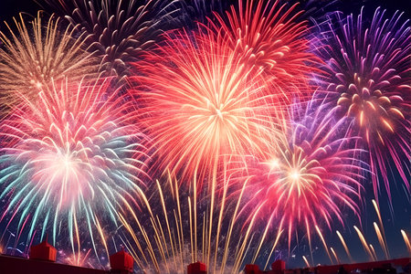 Colorful fireworks on the 4th of July. Festival celebration explosion. Abstract firecrackers in the night sky.の素材