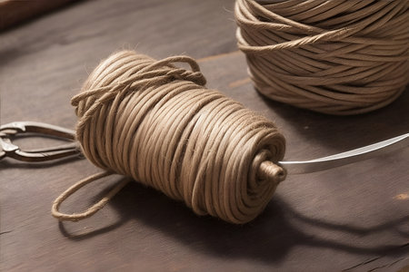 Close up of old style twine or string used in leather craft, with vintage scissors. Shallow depth of field.の素材