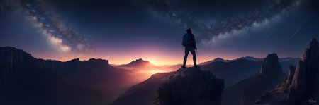 Hiker at the summit of a mountain overlooking a stunning view. Apex silhouette cliffs and valley landscape. beautiful stars in the dusk night skyの素材