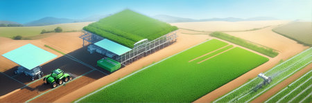 Digital farming, or digital architecture. Digital network, Iot, and Ai in agriculture and gaming.の素材