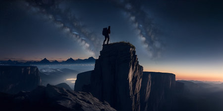 Hiker at the summit of a mountain overlooking a stunning view. Apex silhouette cliffs and valley landscape. beautiful stars in the dusk night skyの素材