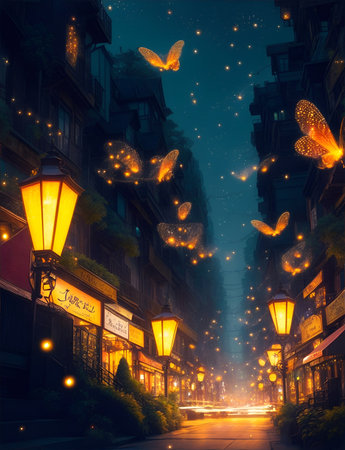 Enter a realm of fantasy and wonder with an artistic portrayal of the "City of the Fireflies." This digital illustration brings to life a vibrant metropolis illuminated by the enchanting glow of countless fireflies. Inspired by the magic of nature, the artwork combines elements of urban architecture and natural landscapes. The city streets are lined with charming buildings adorned with twinkling lights while fireflies swarm the sky, creating a luminous spectacle. The color palette blends warm hues and rich tones, evoking a sense of mystique and enchantment. Get ready to immerse yourself in the dreamlike ambiance of the "City of the Fireflies."の素材