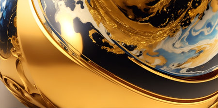 Gold and blue glass globe marble. Shiny, flowing stone design. Abstract planet, 3d world. science space background wallpaper.の素材