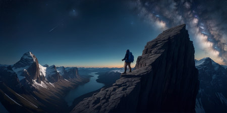 Hiker at the summit of a mountain overlooking a stunning view. Apex silhouette cliffs and valley landscape. beautiful stars in the dusk night skyの素材