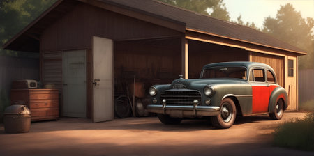 Old garage or shed with a vintage car. An old school garage with a hot rod car base material. warm lighting, photorealisticの素材