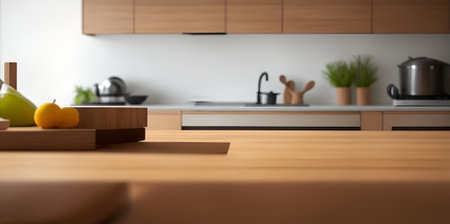 Wooden table top on blur kitchen room background, Modern Contemporary kitchen room interiorの素材