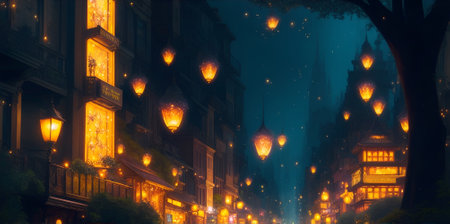 Enter a realm of fantasy and wonder with an artistic portrayal of the "City of the Fireflies." This digital illustration brings to life a vibrant metropolis illuminated by the enchanting glow of countless fireflies. Inspired by the magic of nature, the artwork combines elements of urban architecture and natural landscapes. The city streets are lined with charming buildings adorned with twinkling lights while fireflies swarm the sky, creating a luminous spectacle. The color palette blends warm hues and rich tones, evoking a sense of mystique and enchantment. Get ready to immerse yourself in the dreamlike ambiance of the "City of the Fireflies."の素材