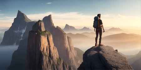 Hiker at the summit of a mountain overlooking a stunning view. Apex silhouette cliffs and valley landscape.の素材