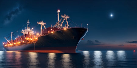 Oil tanker docked in an offshore dock at night or dawn sea. Backbone of global trade and logistics. beautiful stars in the dusk night sky.の素材