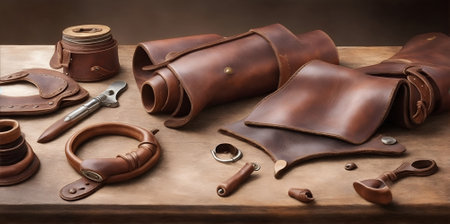 leather craft. Hand made leather goods, or leather parts on a work table.の素材