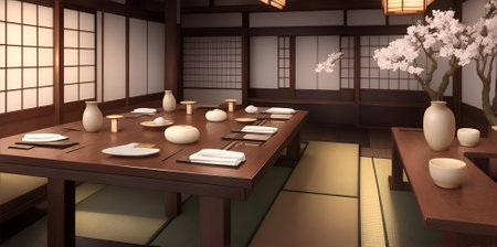 Japanese restaurant. tables in a classic style traditional Japanese style restaurant.の素材