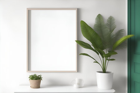 Rectangular vertical frame mockup in scandi style interior with trailing green plant and window on empty neutral white wall background.の素材