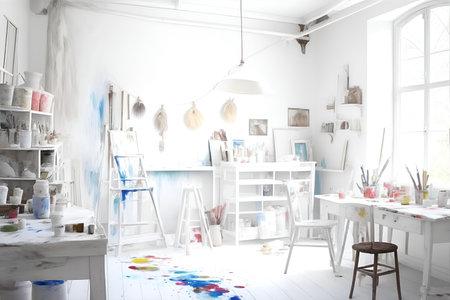 white atelier. A painter or artist atelier, craft room, with white interior. Lots of paint, paint brushes, and paint sumdges and splattersの素材
