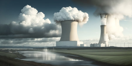 typical nuclear reactor in the distance. A scene with a nuclear electric generation plant with steam coming out from the top. pastel toneの素材