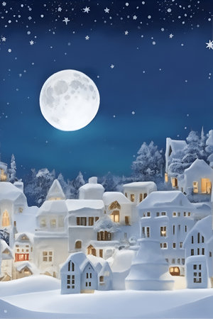 Winter Snow Urban Countryside Landscape City Village with full moon, Happy new year and Merry christmas, paper artの素材